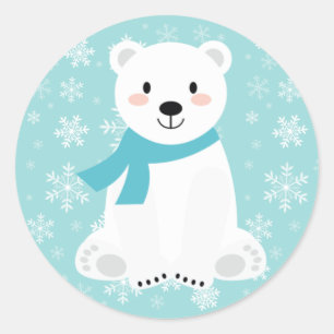 Cute Polar Bear Winter Snowflake Teal Classic Round Sticker