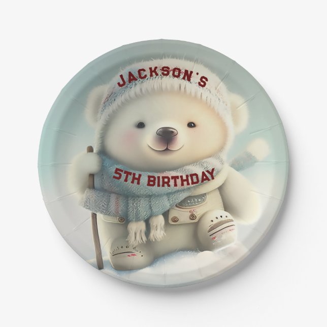 Cute Polar Bear Winter Wonderland Skiing Snowflake Paper Plate (Front)