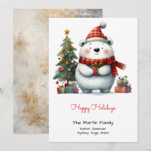 Cute Polar Bear with Christmas Tree Red Happy Holiday Card