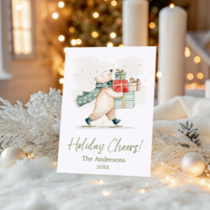 Cute Polar Bear with Gifts Watercolor Cheer Holiday Card