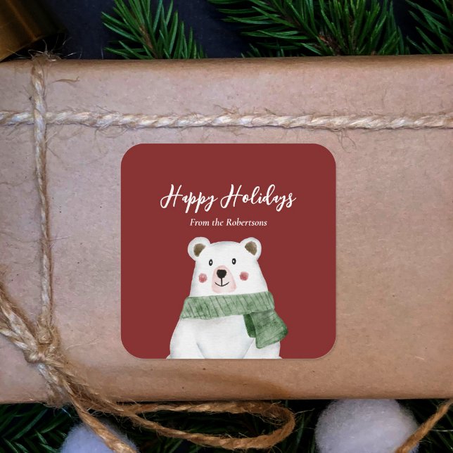 Cute Polar Bear with Green Scarf Happy Holidays Classic Round Sticker (Creator Uploaded)