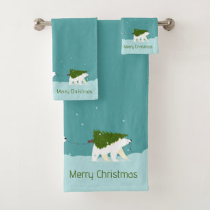 Cute Polar Bears Carrying a Christmas Tree  Bath Towel Set