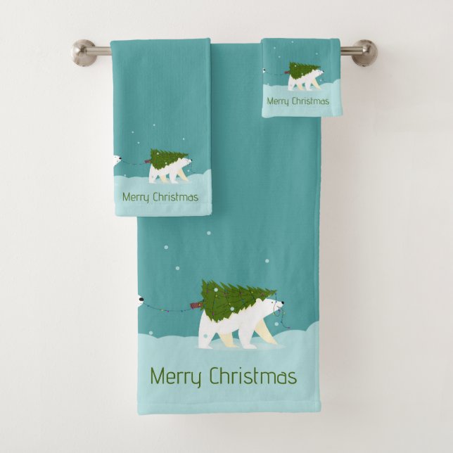 Cute Polar Bears Carrying a Christmas Tree  Bath Towel Set (Insitu)