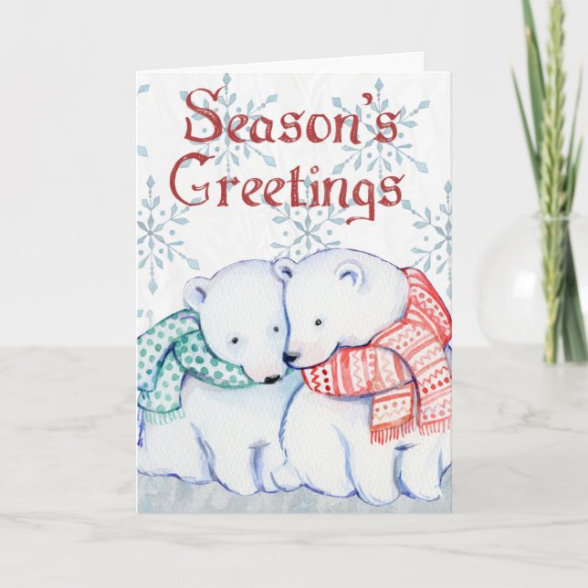 Cute Polar Bears in Red and Green Scarf Card (Front)