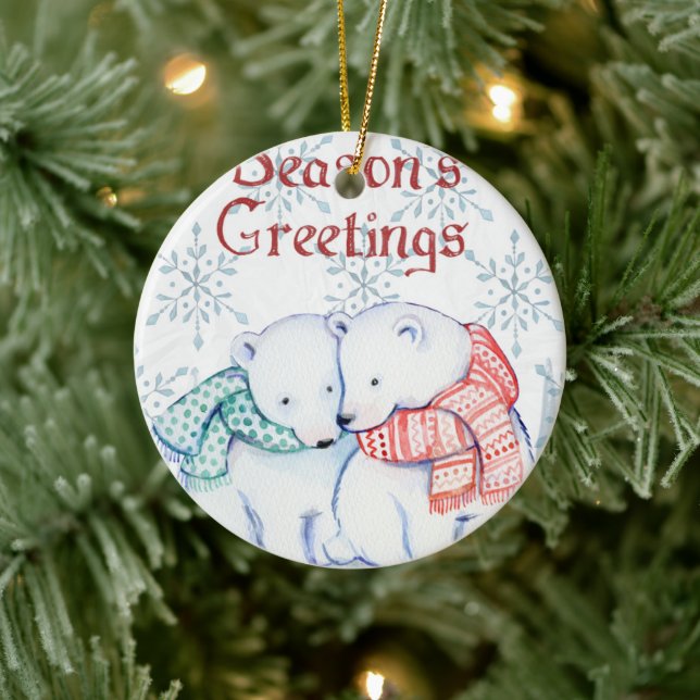 Cute Polar Bears in Red and Green Scarf Ceramic Ornament (Tree)