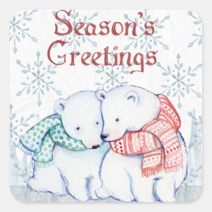 Cute Polar Bears in Red and Green Scarf Square Sticker