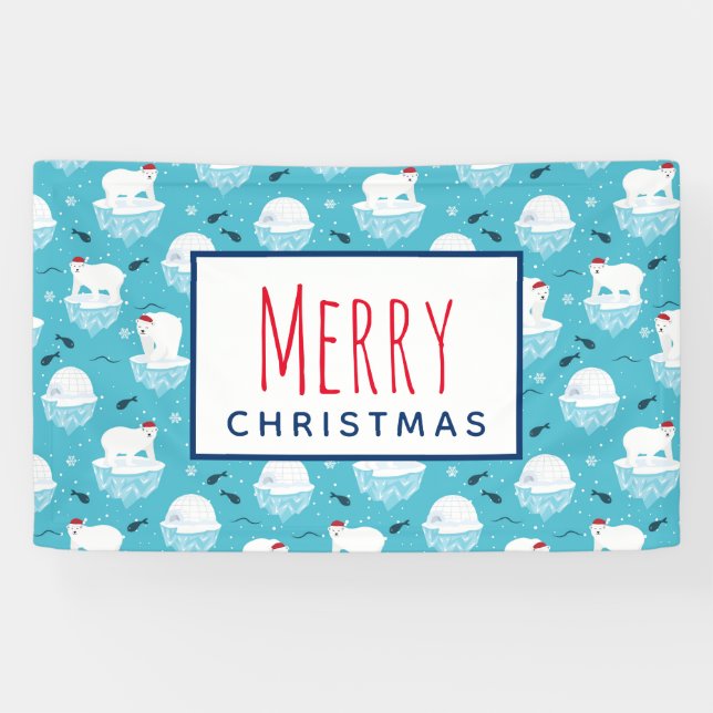 Cute Polar bears in Santa Hats Christmas Pattern Banner (Horizontal)