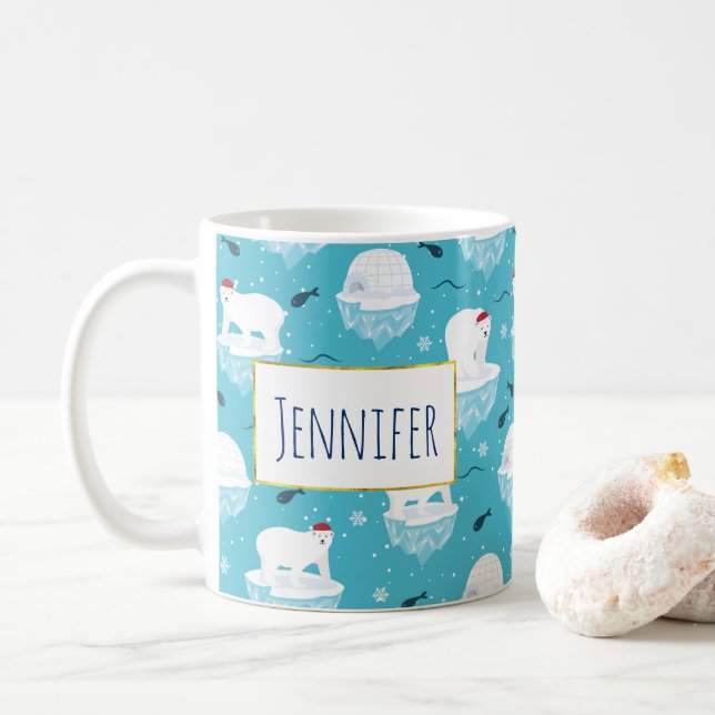 Cute Polar bears in Santa Hats Christmas Pattern Coffee Mug (With Donut)