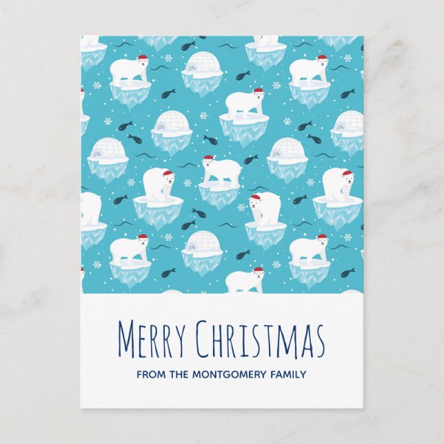 Cute Polar bears in Santa Hats Christmas Pattern Holiday Postcard (Front)