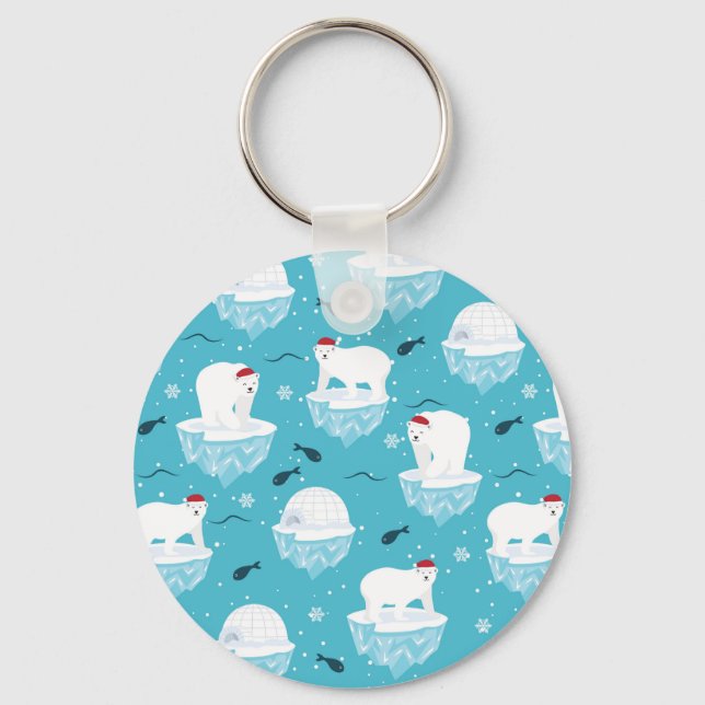 Cute Polar bears in Santa Hats Christmas Pattern Keychain (Front)