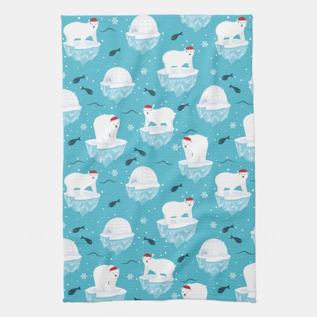 Cute Polar bears in Santa Hats Christmas Pattern Kitchen Towel (Vertical)