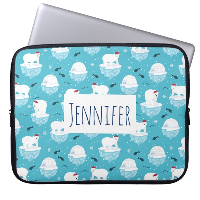 Cute Polar bears in Santa Hats Christmas Pattern Laptop Sleeve (Front)