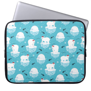 Cute Polar bears in Santa Hats Christmas Pattern Laptop Sleeve