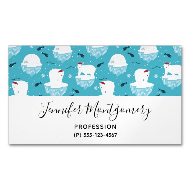 Cute Polar bears in Santa Hats Christmas Pattern Magnetic Business Card (Front)