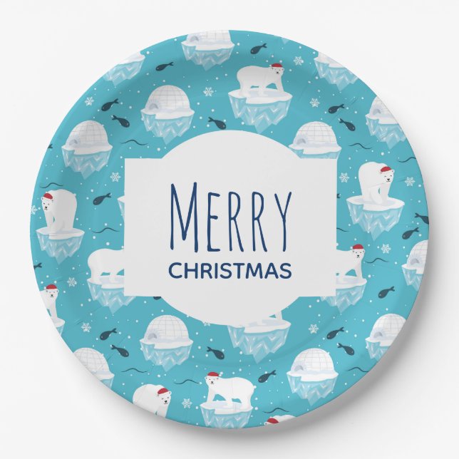 Cute Polar bears in Santa Hats Christmas Pattern Paper Plate (Front)