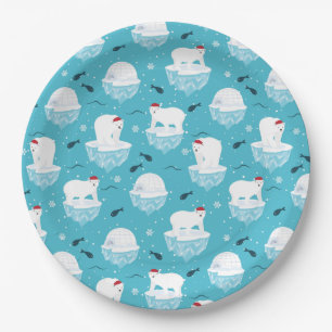 Cute Polar bears in Santa Hats Christmas Pattern Paper Plate
