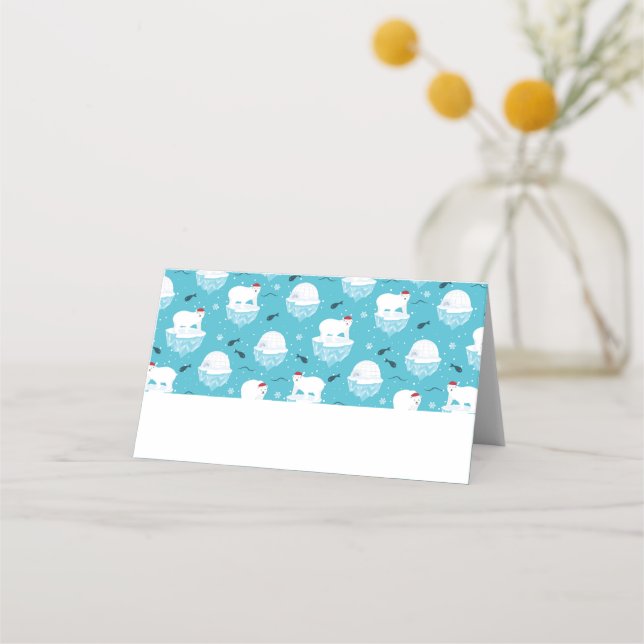 Cute Polar bears in Santa Hats Christmas Pattern Place Card (Front)