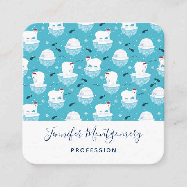 Cute Polar bears in Santa Hats Christmas Pattern Square Business Card (Front)