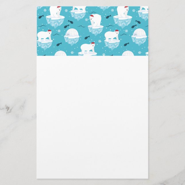 Cute Polar bears in Santa Hats Christmas Pattern Stationery (Front)