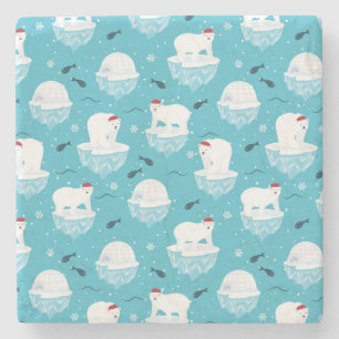 Cute Polar bears in Santa Hats Christmas Pattern Stone Coaster