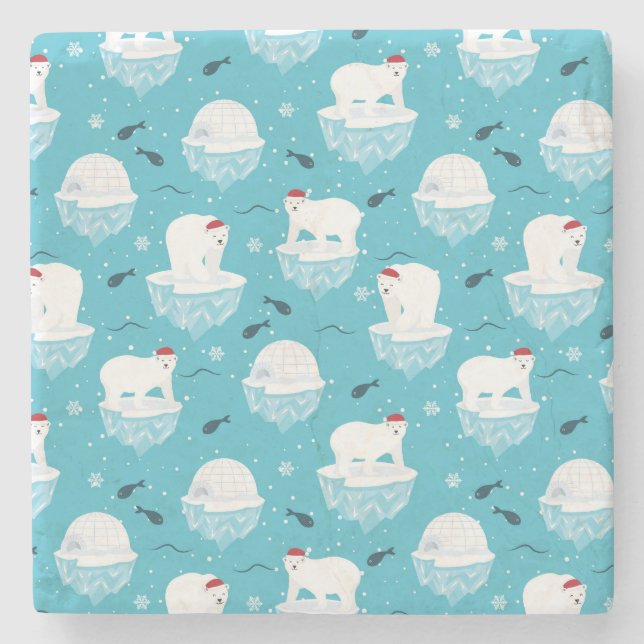 Cute Polar bears in Santa Hats Christmas Pattern Stone Coaster (Front)