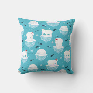 Cute Polar bears in Santa Hats Christmas Pattern Throw Pillow