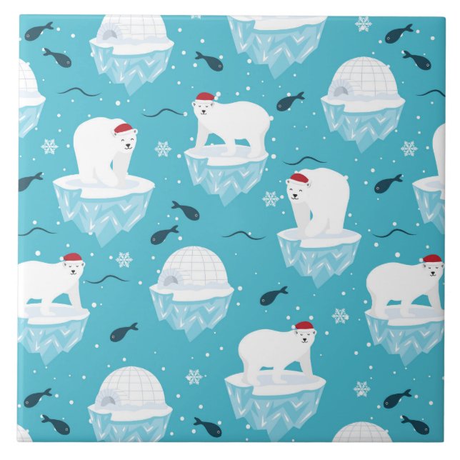 Cute Polar bears in Santa Hats Christmas Pattern Tile (Front)
