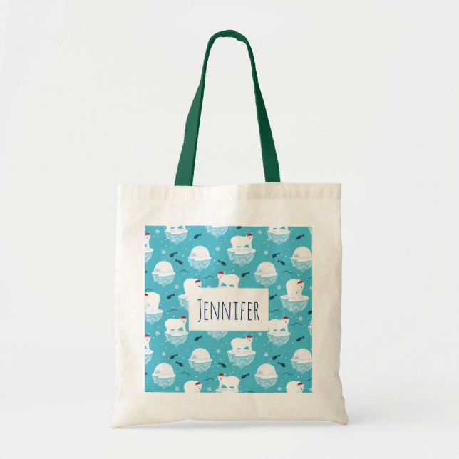 Cute Polar bears in Santa Hats Christmas Pattern Tote Bag (Front)