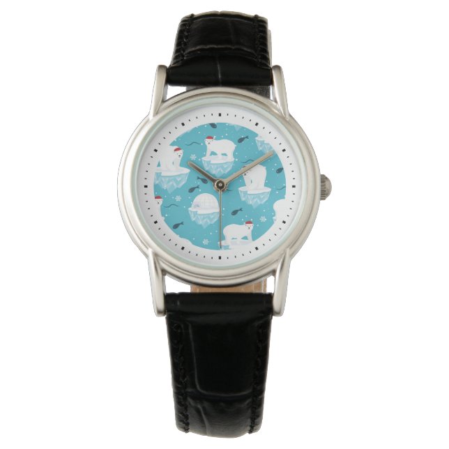 Cute Polar bears in Santa Hats Christmas Pattern Watch (Front)