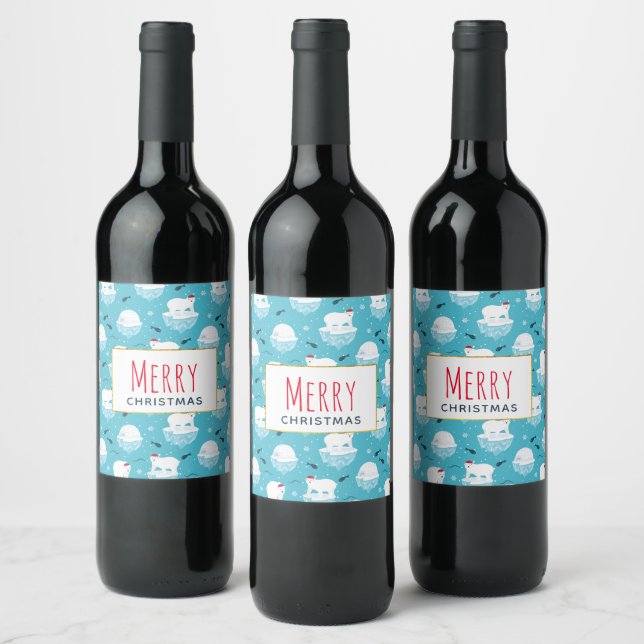 Cute Polar bears in Santa Hats Christmas Pattern Wine Label (Bottles)