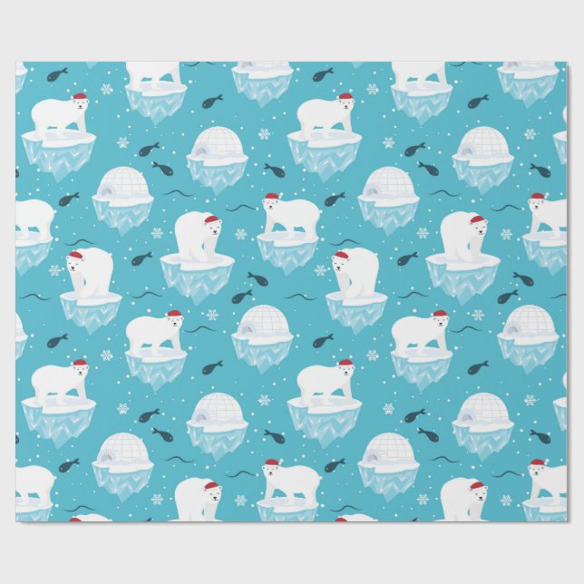 Cute Polar bears in Santa Hats Christmas Pattern Wrapping Paper (Flat)