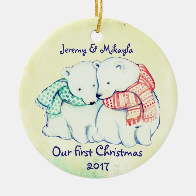 Cute Polar Bears in Scarves "Our First Christmas" Ceramic Ornament (Front)