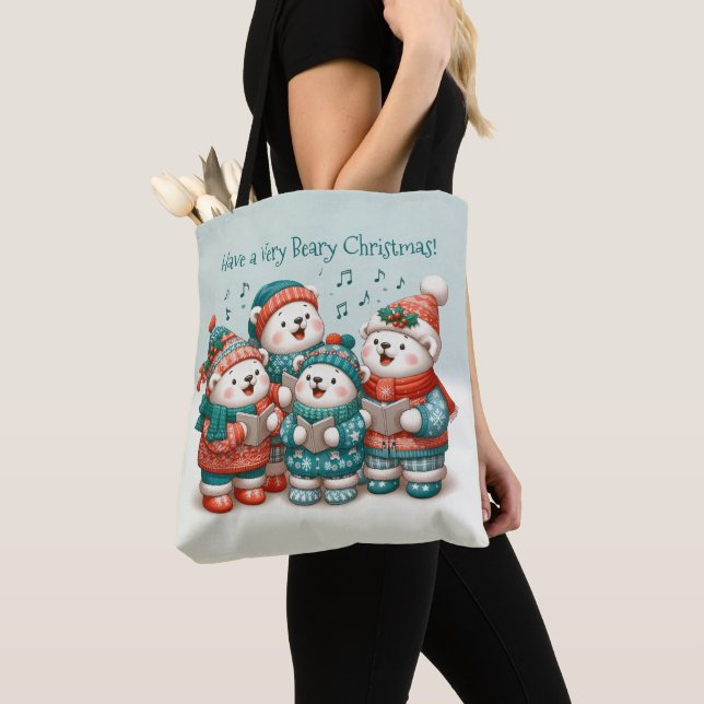 Cute Polar Bears Sing Have a Very Beary Christmas! Tote Bag (Close Up)