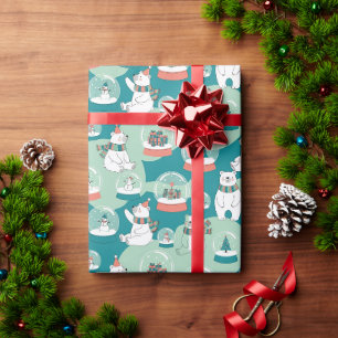 Cute Polar Bears & Snow Globes Teal Winter Pattern Wrapping Paper