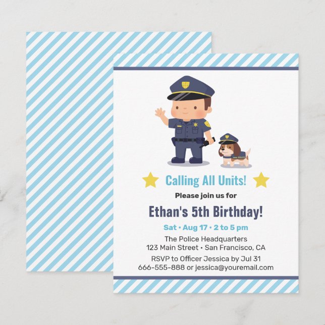 Cute Police Boy and Dog Birthday Party Invitation (Front/Back)