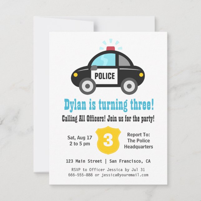 Cute Police Car Kids Birthday Party Invitations (Front)