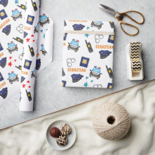 Cute Police Officer and Car Birthday Party Wrapping Paper