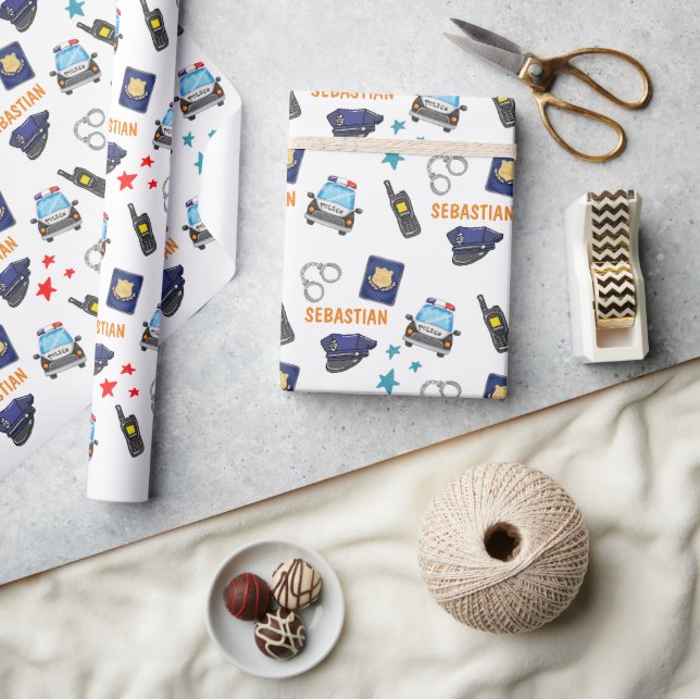 Cute Police Officer and Car Birthday Party Wrapping Paper (Crafts)