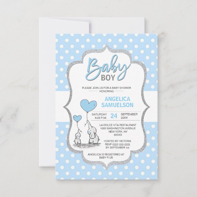 Cute Polka Dot Blue Grey Elephant Baby Shower BOY Invitation (Front)