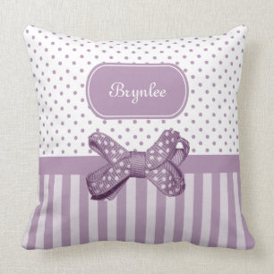 Cute Polka Dot Bow Girly Lavender Stripes and Name Throw Pillow