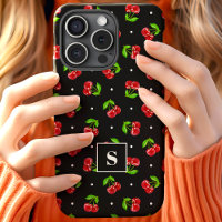 Cute Polka Dot Cherries On Black Monogram
