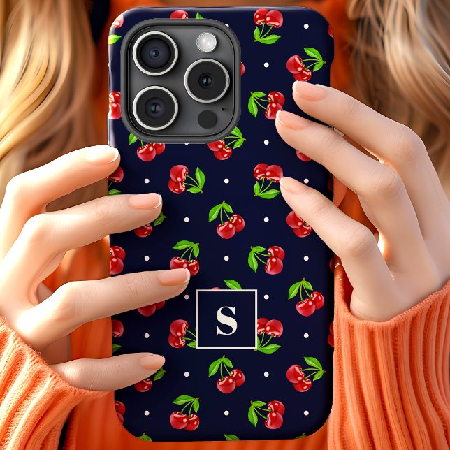 Cute Polka Dot Cherries On Navy Monogram Case-Mate iPhone Case (Creator Uploaded)