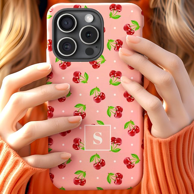 Cute Polka Dot Cherries On Pink Monogram Case-Mate iPhone Case (Creator Uploaded)