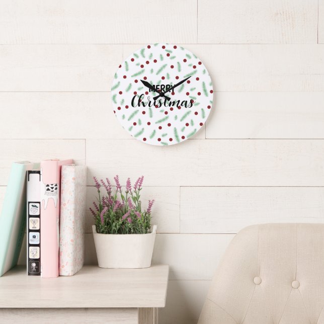 Cute polka dot Christmas tree Red Green pattern Large Clock (Reading Room)
