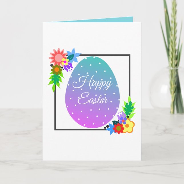 Cute polka dot Easter egg with floral wreath. Holiday Card (Front)