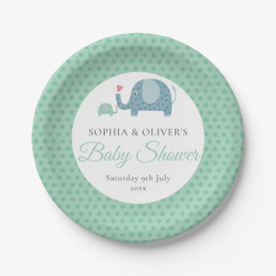 Cute Polka Dot Elephants Couples Baby Shower Paper Plate