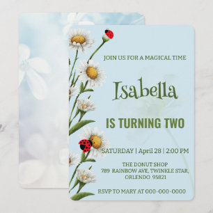 Cute Polka dot Ladybug Blue Daisy Kids Birthday  Invitation
