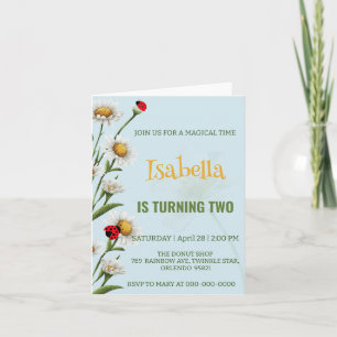 Cute Polka dot Ladybug Blue Daisy Kids Birthday  Invitation