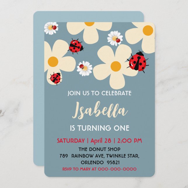 Cute Polka dot Ladybug Daisy Flower 1st Birthday  Invitation (Front/Back)