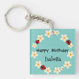 Cute Polka dot Ladybug Daisy Flower Birthday Party Keychain